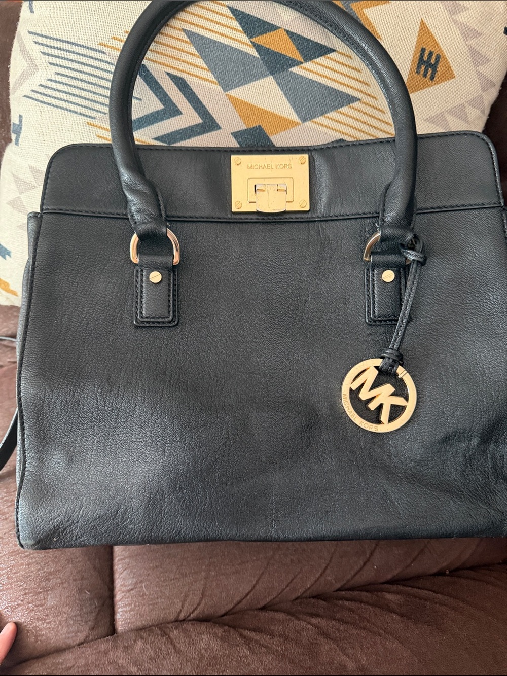Michael Kors Black Leather Satchel with Gold-Tone Logo Charm